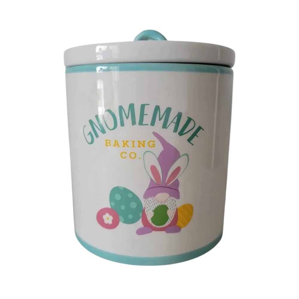 DesignPac Gnomemade Baking Co Ceramic Cookie Jar Easter Gnome White Teal Large